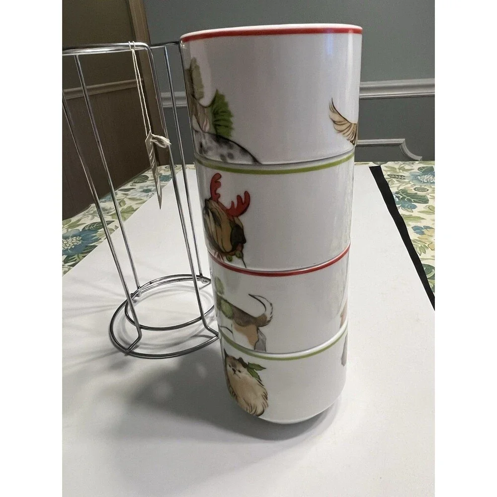 Pier 1 One Christmas Pup Dogs Stacking Mugs Stand Stoneware Holiday Cups